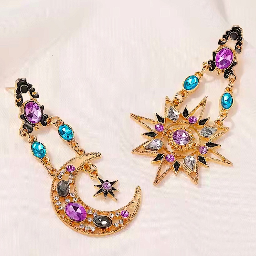 Celestial Moon Star Gold Plated Dangle Earrings Statement accent Stones - Picture 12 of 14